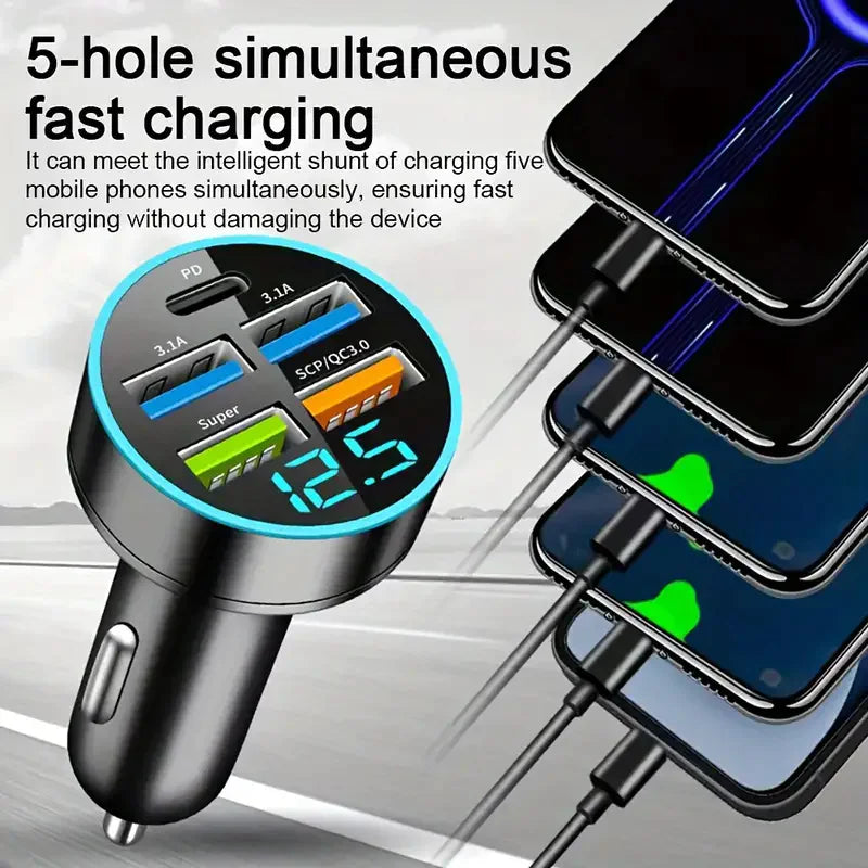 5-Port USB Car Charger - Fast Charging Adapter for iPhone, Samsung & Android