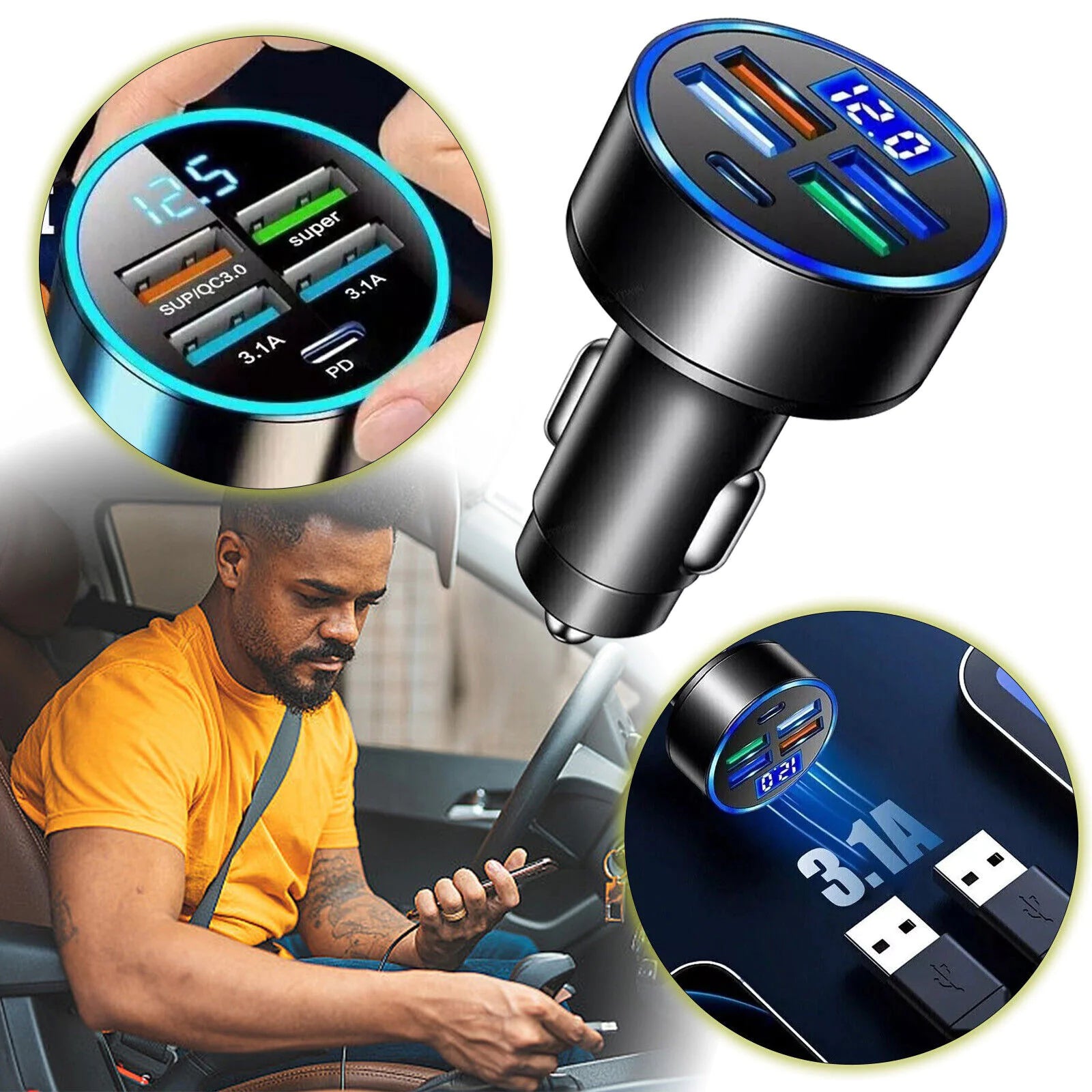 5-Port USB Car Charger - Fast Charging Adapter for iPhone, Samsung & Android
