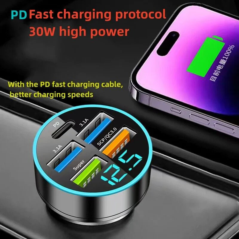 5-Port USB Car Charger - Fast Charging Adapter for iPhone, Samsung & Android