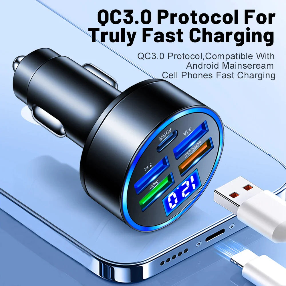 5-Port USB Car Charger - Fast Charging Adapter for iPhone, Samsung & Android