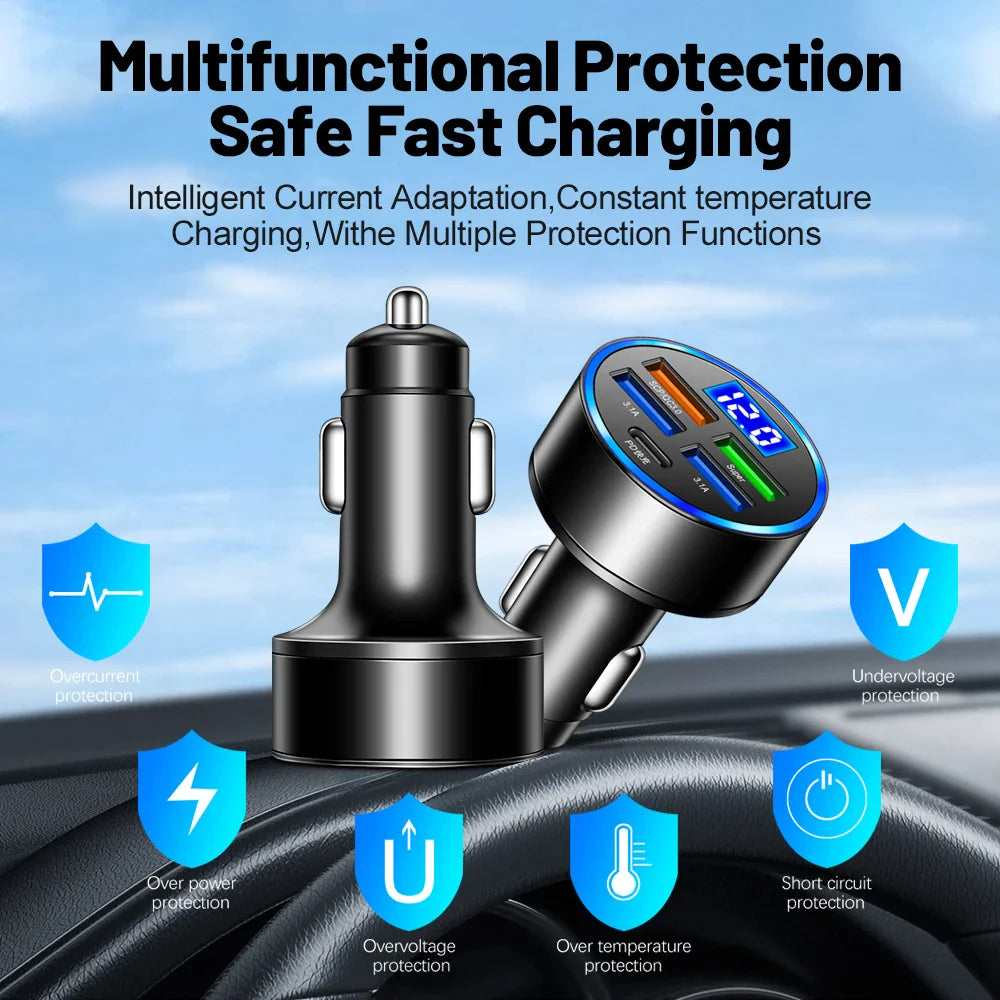 5-Port USB Car Charger - Fast Charging Adapter for iPhone, Samsung & Android